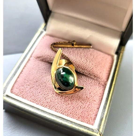 14k Yellow Gold Malachite Angel Fish Tie Tack Pin Vintage Artisan Made CT409 - Picture 7 of 16